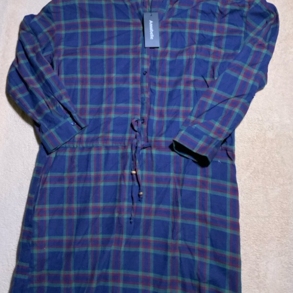 Annabelle Women Large Navy Flannel Button Down Tie Waist Long Sleeve Fall‎ Tunic